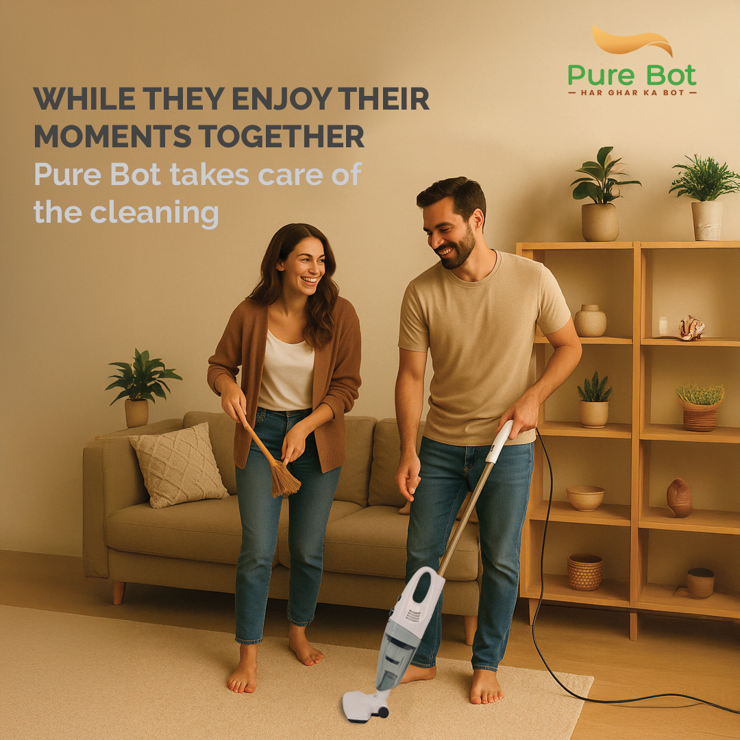 <img src="pure-bot-cleaning.jpg" alt="Couple cleaning living room with vacuum cleaner while Pure Bot automated cleaning service takes care of home cleaning">