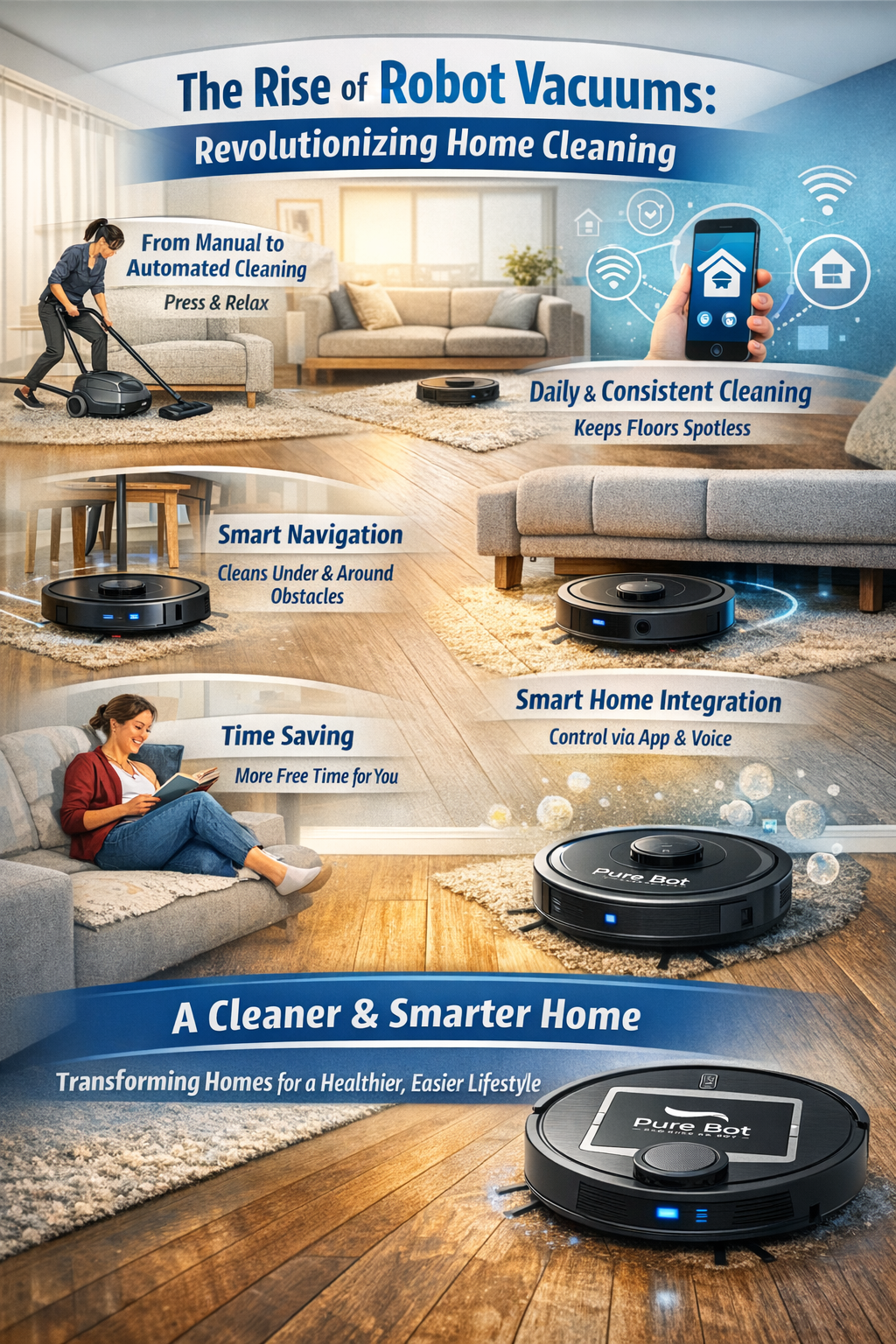 Robot vacuum infographic highlighting benefits of Pure Bot automatic cleaning, smart navigation, and time-saving home maintenance.