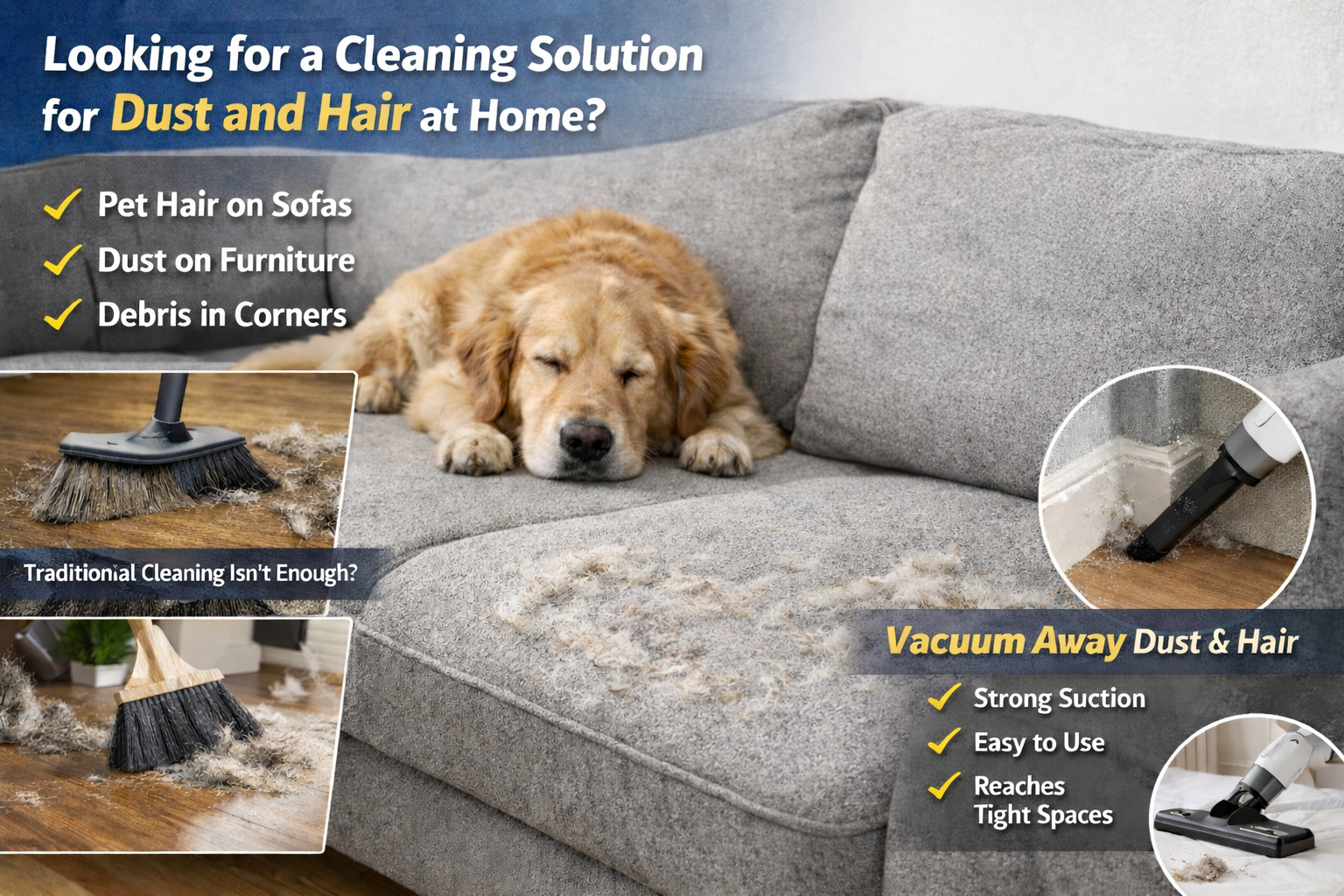 Dust and pet hair buildup on sofa in living room showing common home cleaning challenges