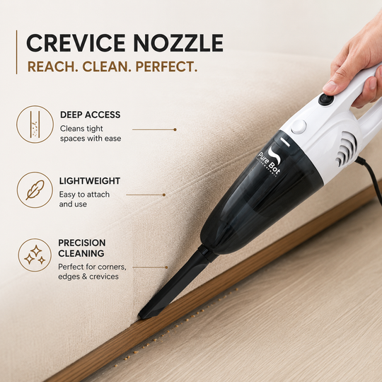 Pure Bot LStick Neo Plus 800W using the crevice nozzle to clean sofa edges, corners and narrow spaces