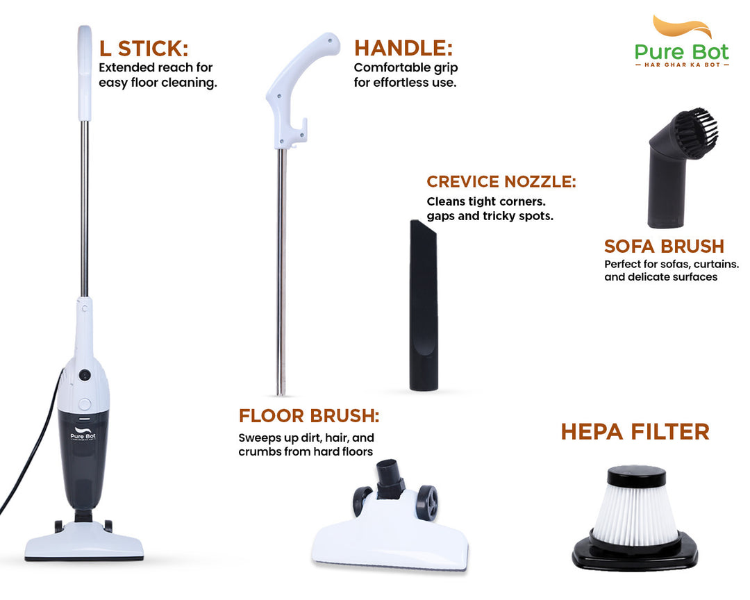 Pure Bot LStick Neo Plus 800W stick vacuum cleaner with floor brush, crevice nozzle, sofa brush, HEPA filter and extension handle