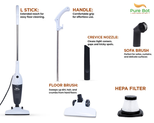 Pure Bot LStick Neo Plus 800W stick vacuum cleaner with floor brush, crevice nozzle, sofa brush, HEPA filter and extension handle