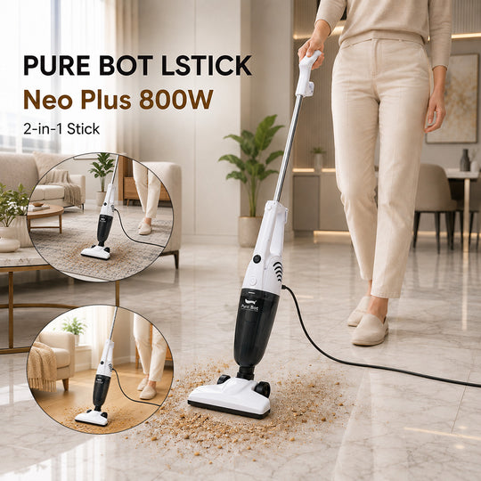 PureBot LStick Neo Plus 800W 2-in-1 stick vacuum cleaner cleaning a living room floor